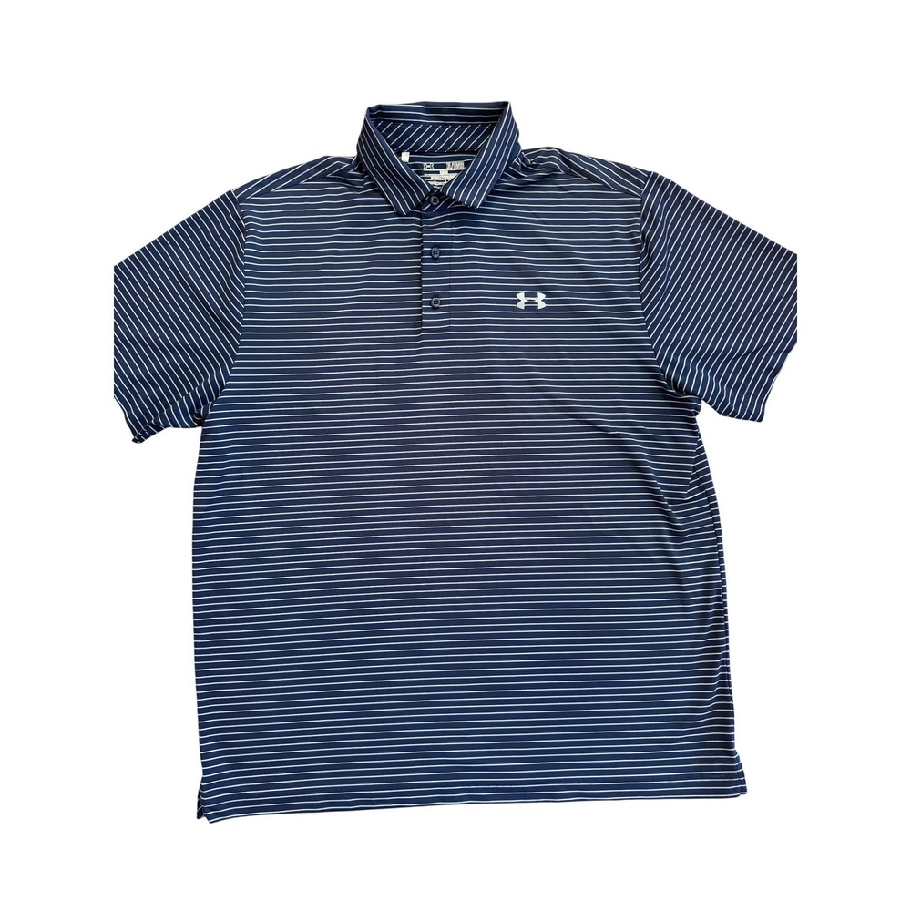 Under Armour Mens HeatGear Striped Polo Shirt Navy Blue White XL‎ Loose Fit